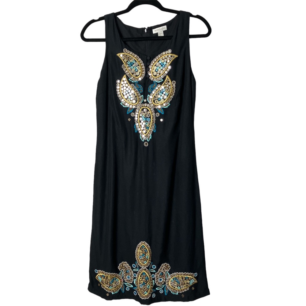 Monsoon dress shift cocktail black Sleeveless embroidered mirrored wedding guest